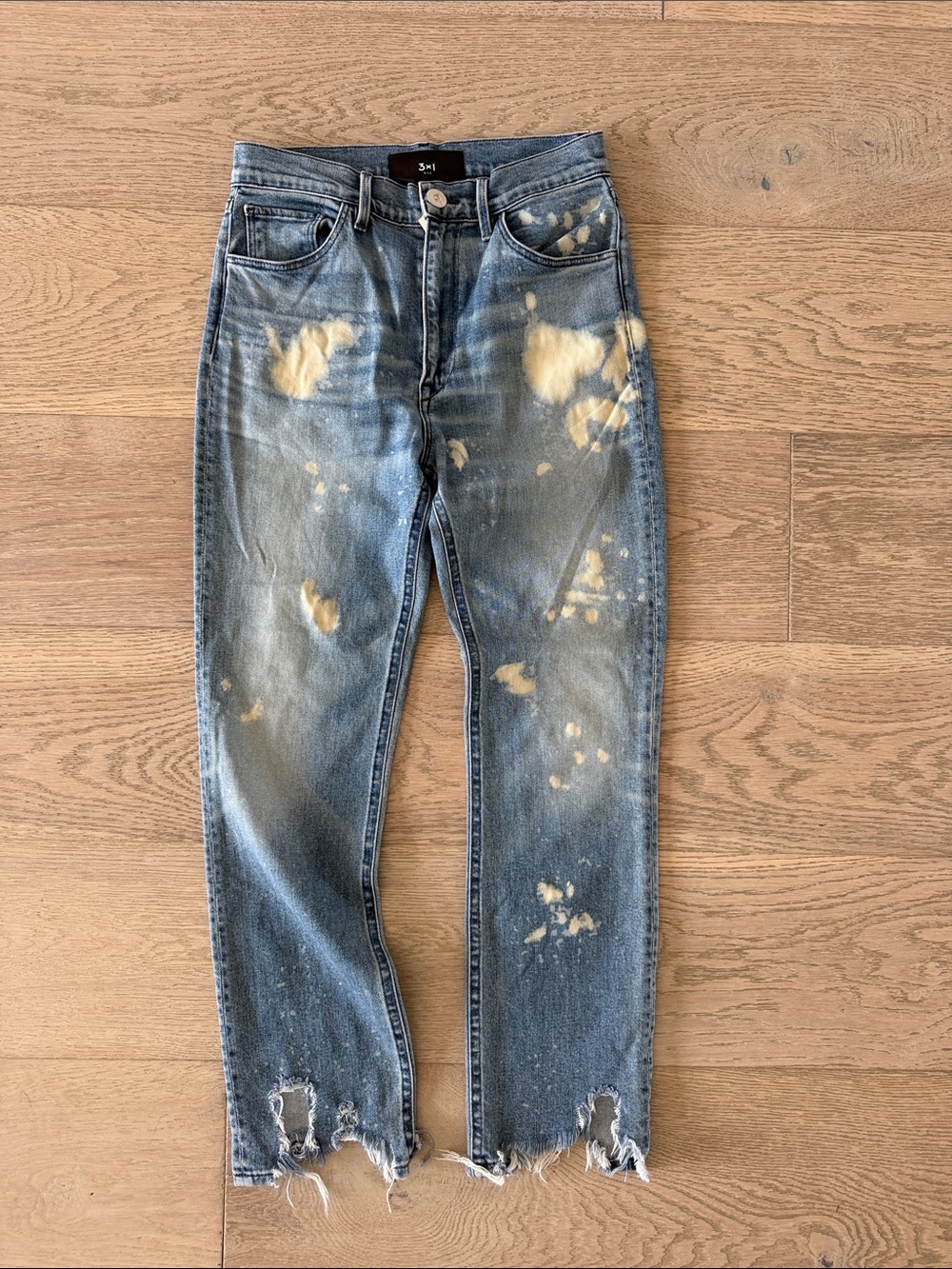 3x1 Women’s Light Blue Slim Straight Jeans with Bleach Splatter